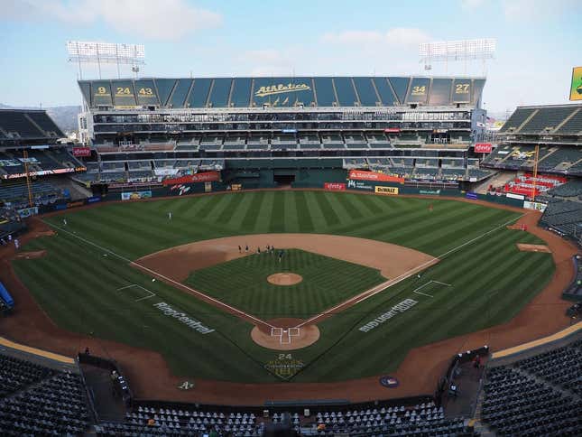 Jul 24, 2020; Oakland, California, USA; An empty stadium before the game between the Oakland Athletics and Los Angeles Angels at Oakland Coliseum.
