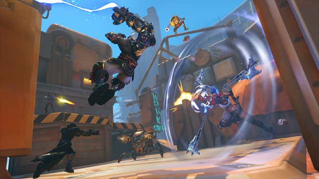 Doomfist and Junker Queen go head-to-head during a match on New Junk City, a new Flashpoint map.