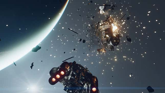 A Starfield ship blows up another ship during a dogfight in space.