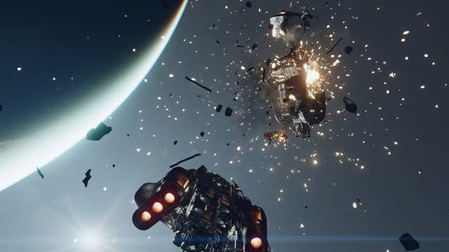 A Starfield ship blows up another spaceship in what might've been a tense dogfight.