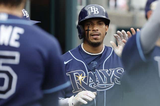 Aug 6, 2023; Detroit, Michigan, USA; Tampa Bay Rays shortstop Wander Franco (5) receives congratulations from teammates after scoring in the sixth inning against the Detroit Tigers at Comerica Park.