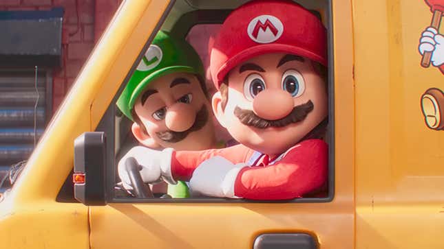 Mario and Luigi look out of a plumber van.