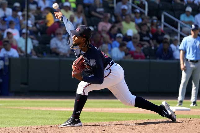 Mar 1, 2023; North Port, Florida, USA; Atlanta Braves pitcher Roddery Munoz (69) throws a pitch in the seventh inning agains the Tampa Bay Rays at CoolToday Park.