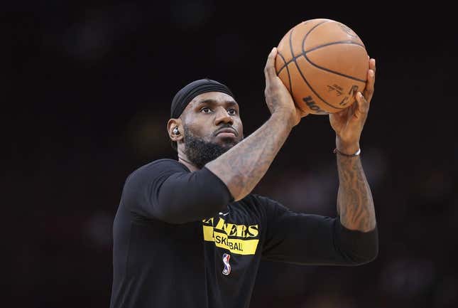Mar 15, 2023; Houston, Texas, USA; Los Angeles Lakers forward LeBron James (6) shoots baskets before the game against the Houston Rockets at Toyota Center.