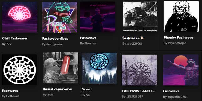 A series of cover photos of white supremacist inspired playlists on Spotify with extremist imagery.
