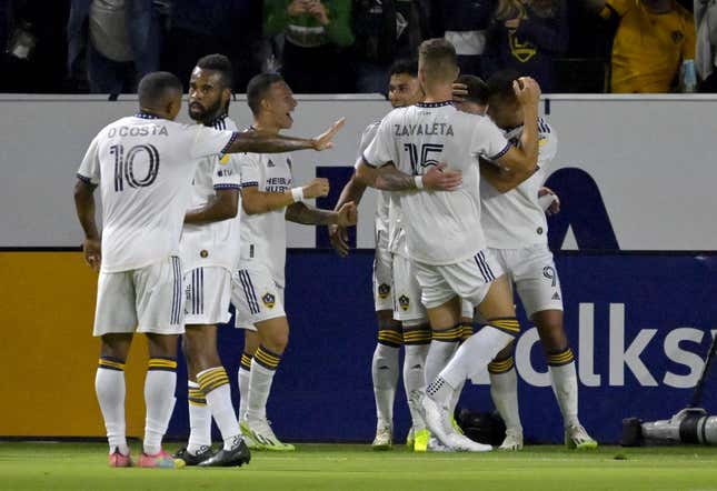 Aug 26, 2023; Carson, California, USA;  Los Angeles Galaxy players celebrate after a goal by midfielder Tyler Boyd (11) in the first half against the Chicago Fire at Dignity Health Sports Park.
