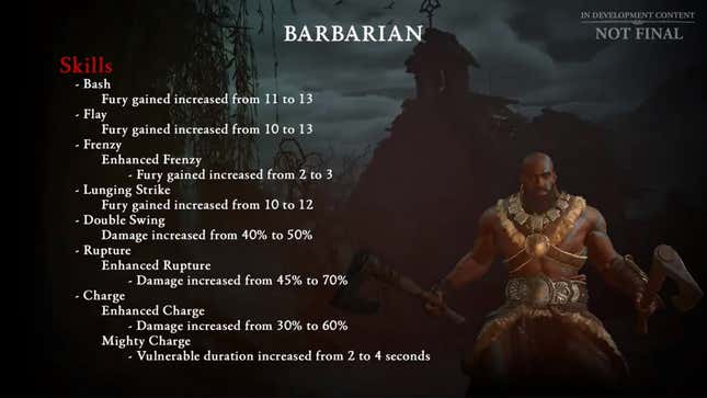 A slide details increased Fury changes to the Barbarian in an upcoming Diablo patch.