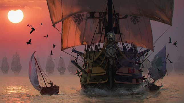 Skull and Bones art shows a pirate ship headed towards a sunset. 