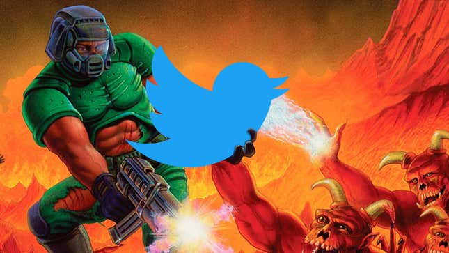 The Doom marine from the original game holding the twitter logo in his hand while killing stuff.