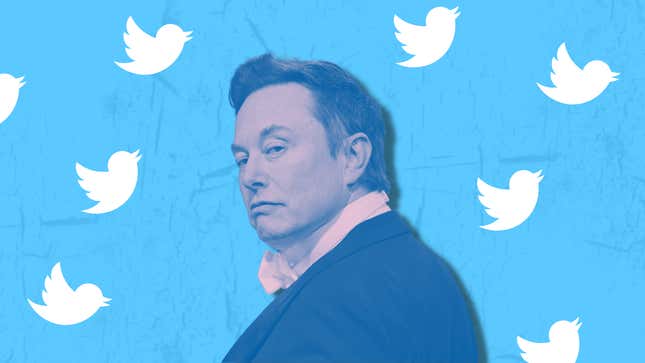 An image of Elon Musk surrounded by Twitter birds against a cracked background.