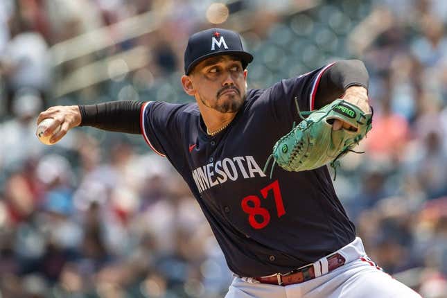 Jun 17, 2023; Minneapolis, Minnesota, USA; Minnesota Twins starting pitcher Jose De Leon (87) delivers against the Detroit Tigers in the first inning at Target Field.