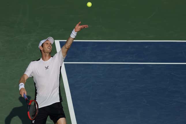 Aug 4, 2023; Washington, D.C., USA; Andy Murray (GBR) serves against Taylor Fritz (USA) (not pictured) on day seven of the Mubadala Citi DC Open at Fitzgerald Tennis Stadium.