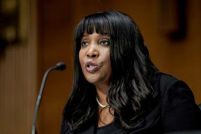 Lisa Cook, nominee to be a member of the Federal Reserve Board of Governors, speaks during the Senate Banking, Housing and Urban Affairs Committee confirmation hearing on Thursday, Feb. 3, 2022, in Washington.