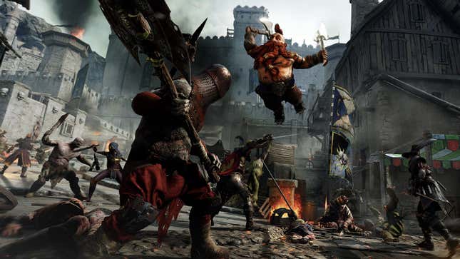 A dwarf launches himself at a knight wielding a large battle ax in front of a war-torn castle. 