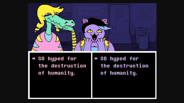 Two characters talk about how pumped they are about the end of the world in Undertale.