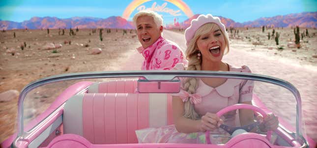 Ken and Barbie in the Barbie car in the Barbie movie