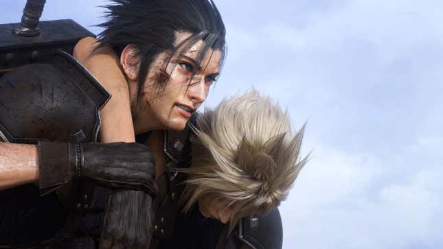 A bloody and bruised Zack from Final Fantasy VII Rebirth is seen with an unconscious Cloud's arm wrapped around his shoulder as they walk toward something off-screen.