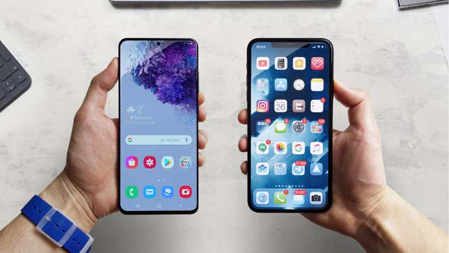 An Android and iPhone alongside one another