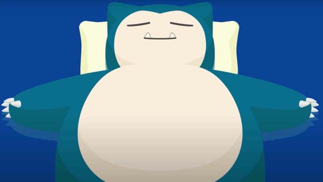 Snorlax sleeps on a white pillow against a blue background.