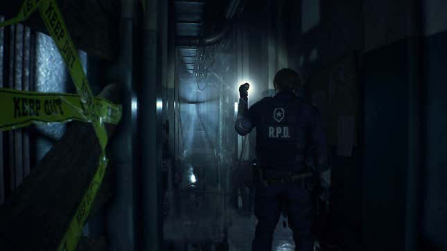 Leon shines a flashlight down a corridor.