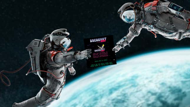 An astronaut hands off an image of HTML game Breakout Hero to another astronaut.
