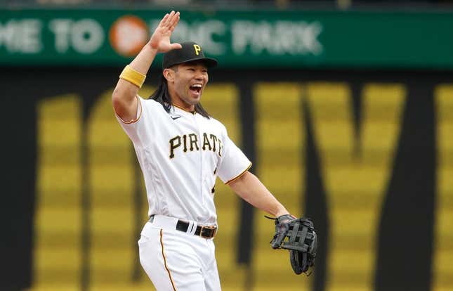 Apr 23, 2023; Pittsburgh, Pennsylvania, USA;  Pittsburgh Pirates right fielder Connor Joe (2) reacts after the Pirates defeated the Cincinnati Reds at PNC Park.