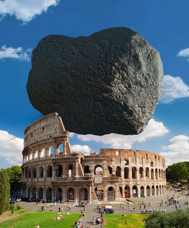 Una ilustración de Dimorphos en el Coliseo. Este asteroide que acaban de descubrir tiene aproximadamente el mismo tamaño.