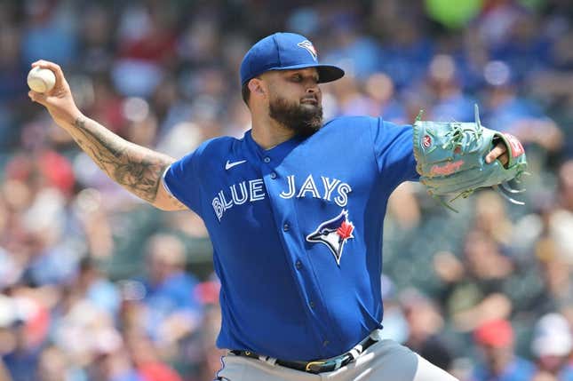 Aug 10, 2023; Cleveland, Ohio, USA; Toronto Blue Jays starting pitcher Alek Manoah (6) throws a pitch during the first inning against the Cleveland Guardians at Progressive Field.