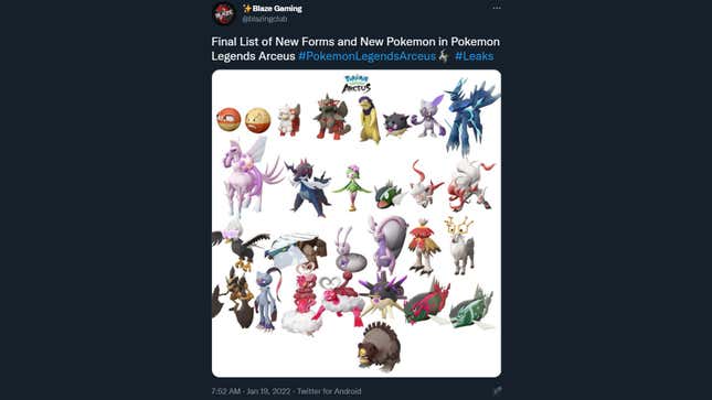 Screenshot of a tweet featuring several new Pokémon.