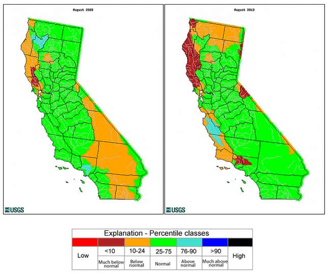 Comparison of monthly streamflow in California, Aug. 2000 vs. Aug. 2013.