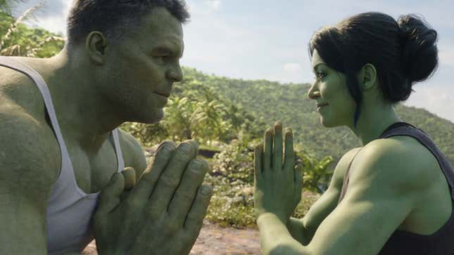 Mark Ruffalo and Tatiana Maslany in Marvel's She-Hulk. 