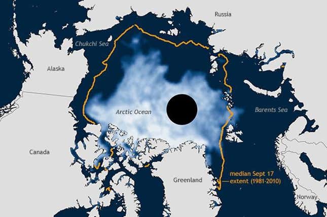 The extent of Arctic sea ice in Sep. 2014. (The black dot is a satellite blind spot.)