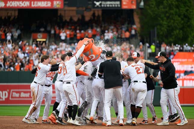 Sep 17, 2023; Baltimore, Maryland, USA; The Baltimore Orioles celebrate after winning the game against the Tampa Bay Rays at Oriole Park at Camden Yards.