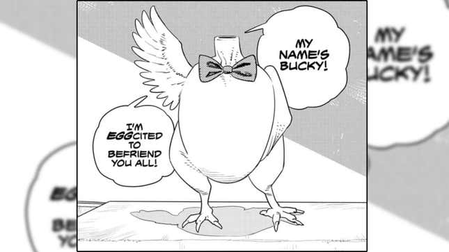 Bucky the chicken raises his wing and greets the class.