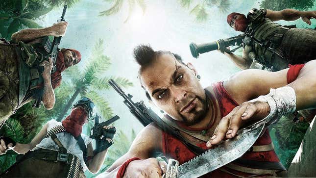 Vaas and friends look down while carrying weapons.