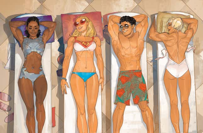 Natasha Irons、Supergirl、Conner Kent 和 Power Girl 躺在沙灘上的躺椅上曬黑。