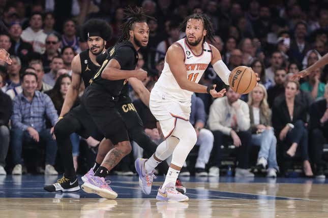 Apr 23, 2023; New York, New York, USA; Cleveland Cavaliers guard Darius Garland (10) defends New York Knicks guard Jalen Brunson (11) during game four of the 2023 NBA playoffs at Madison Square Garden.