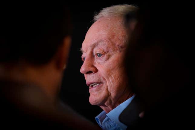 Dallas Cowboys team owner Jerry Jones responds to questions about the team's acquisition of quarterback Trey Lance