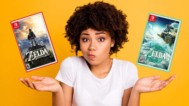 A woman holds up Breath of the Wild and Tears of the Kingdom with a confused expression.