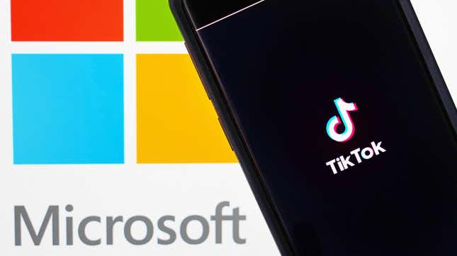 The TikTok logo on a phone in front of a screen showing the Microsoft name and logo