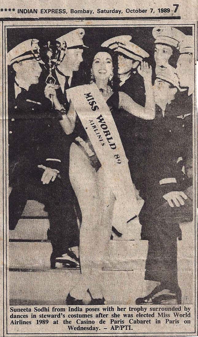 A newspaper clipping of Suneeta Sodhi-Kanga’s pageant win in 1989.