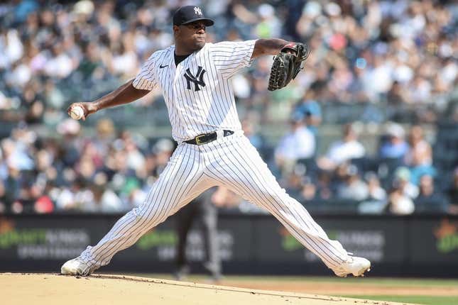 Jun 24, 2023; Bronx, New York, USA; New York Yankees starting pitcher Luis Severino (40) pitches in the first inning against the Texas Rangers at Yankee Stadium.