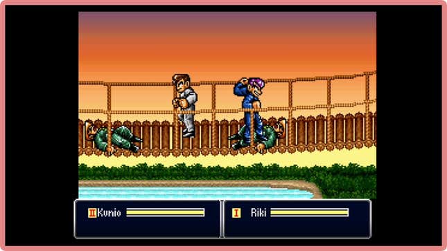 Riki and Kunio beat down goons on a rickety wooden bridge.