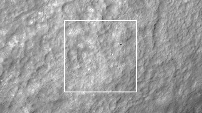 A view of the lunar surface and suspected crash site one day after the failed landing attempt. 
