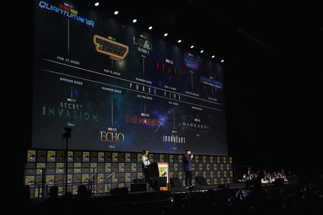 President of Marvel Studios Kevin Feige speaks during the Marvel panel in Hall H of the convention center during Comic Con in San Diego, California, July 23, 2022.