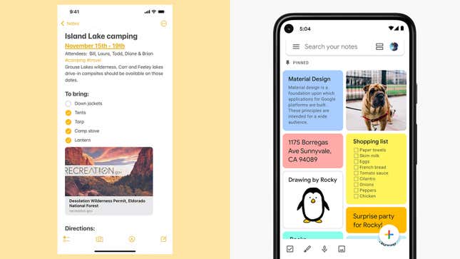 Apple Notes next to Google Keep