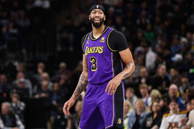 Mar 31, 2023; Minneapolis, Minnesota, USA; Los Angeles Lakers forward Anthony Davis (3) looks on during the first quarter against the Minnesota Timberwolves at Target Center.