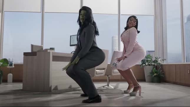 Tatiana Maslany as She-Hulk and Megan Thee Stallion dance in a mid-credits scene of She-Hulk.