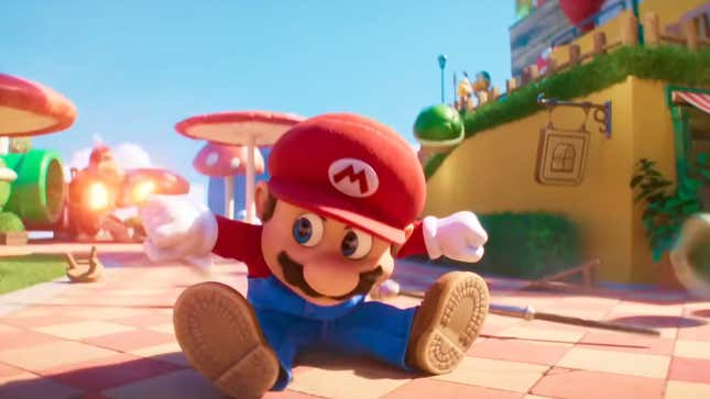 Mario in The Super Mario Bros. Movie is doing a butt-stomp on the ground.
