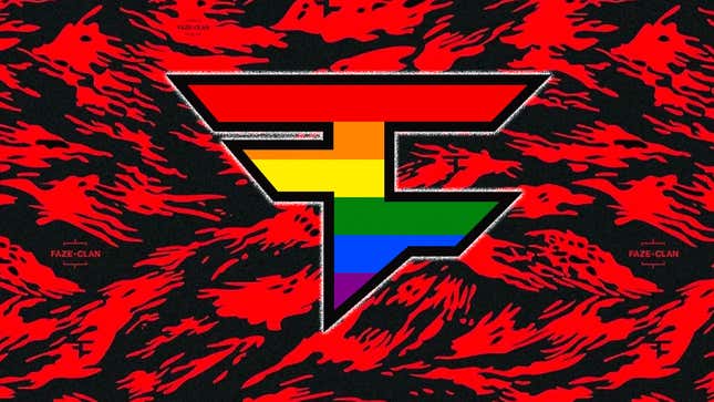 FaZe Clan's logo is in rainbow colors and sits in front of a red and black patterned background.